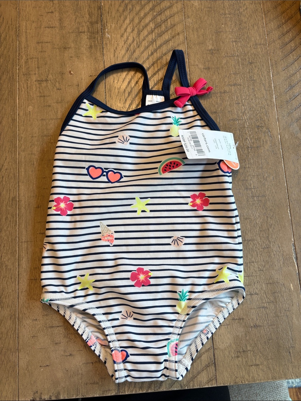 Carter's Navy Striped One-Piece Swimsuit with Pink Bow & Tropical Prints